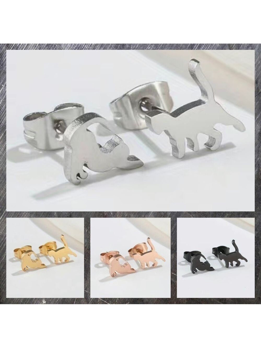 Playful Cats Stainless Steel Stud Small Earrings #1409 (Color: silver)